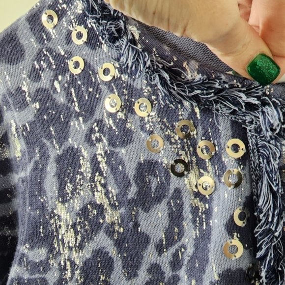 ! Chico's Women's Blue Fringe Metallic Animal Print Embellished Sweater Size S ! - Picture 3 of 9